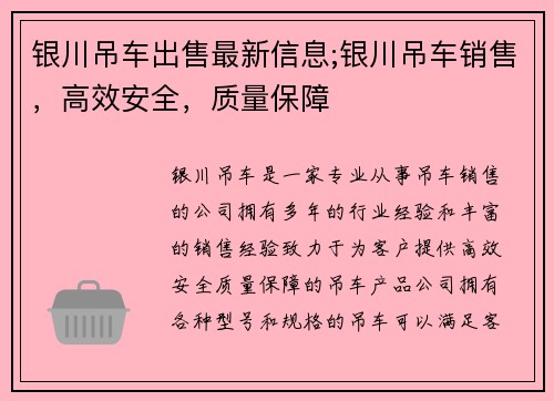 银川吊车出售最新信息;银川吊车销售，高效安全，质量保障